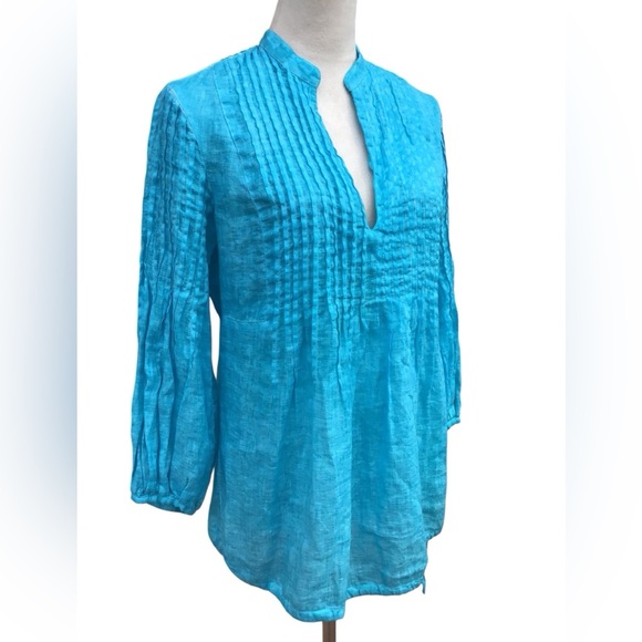 120% Lino Turquoise Blue Poet Blouse Size 42 - Picture 5 of 8